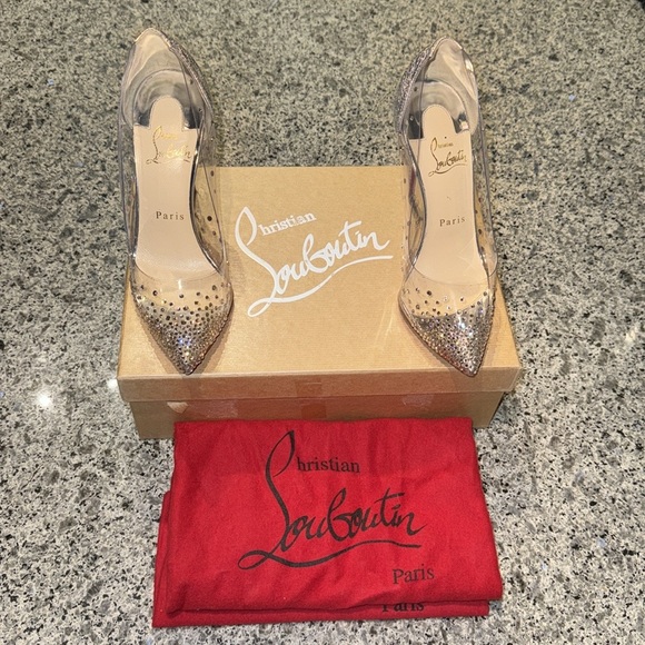 Christian Louboutin Degrastrass PVC 100/Specchio Rhinestone Clear/Silver Heels - Picture 3 of 14